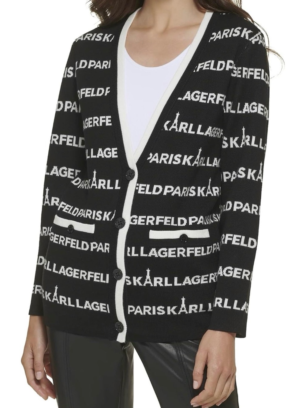 Karl Lagerfeld Black and White Logo Cardigan with Contrast Trim